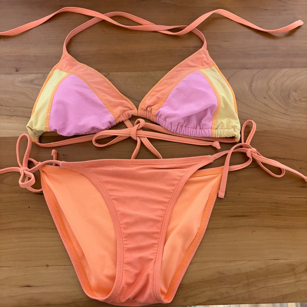 No Boundaries Metallic Colorblock Bikini Set Orange Pink Yellow Small XS